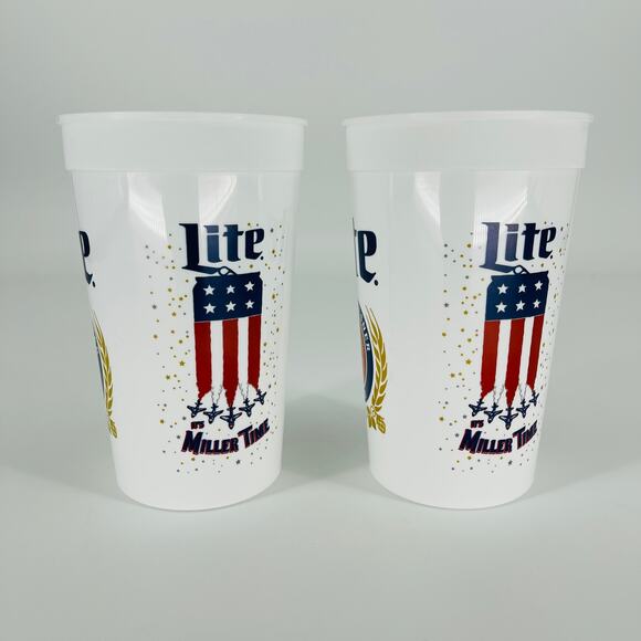 TWO Reusable White Miller Lite Miller Time American Flag Plastic 22 oz Cups NWT - Picture 2 of 10